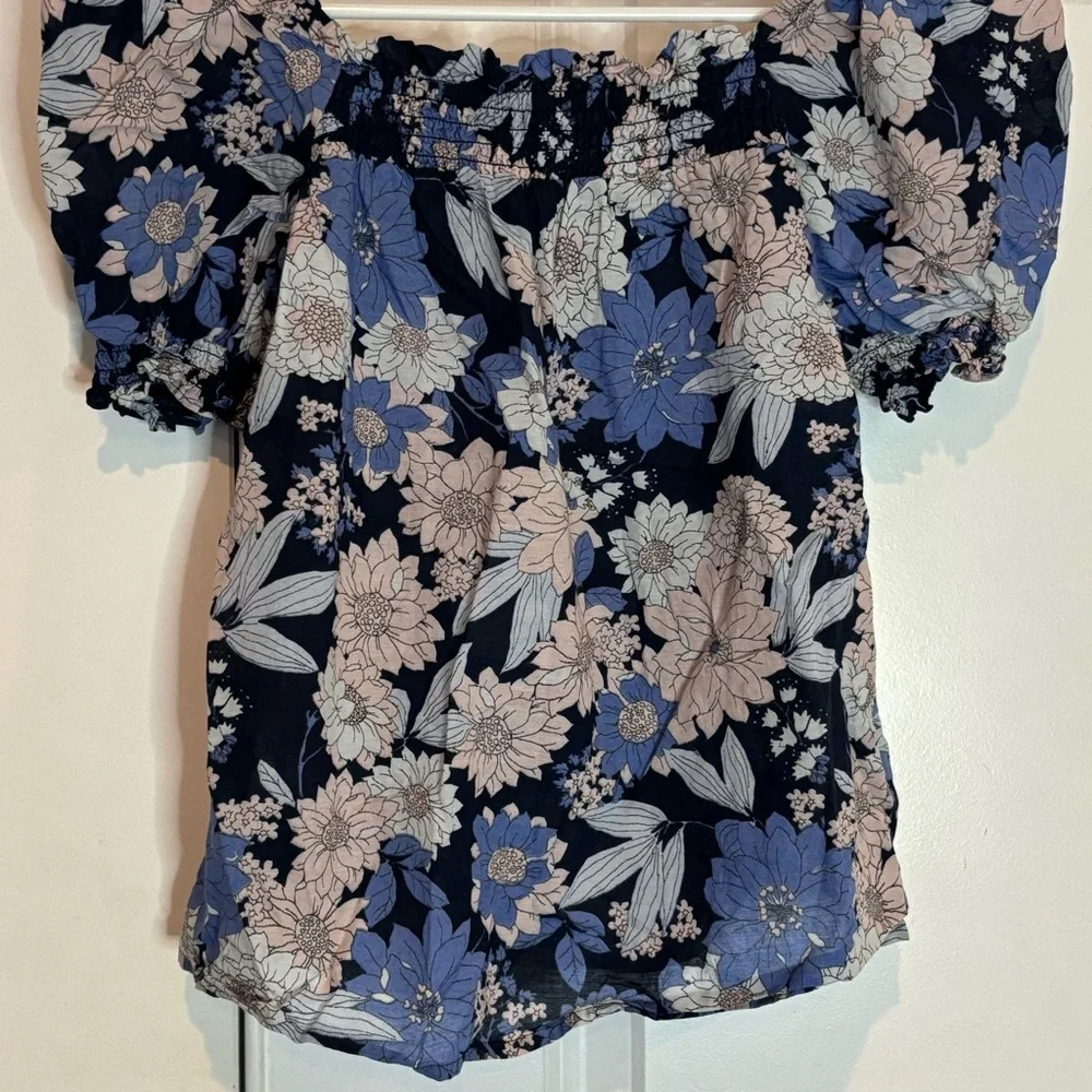 J. Crew Zinnia Floral Square Smock Neck Puff Short Sleeve Top XXS